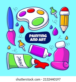 Doodle Drawing and painting element set with colored hand drawn outline style