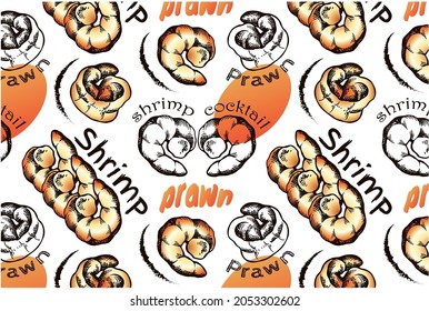 Doodle Drawing Pattern With Colorful Orange Realistic Shrimps Isolated On Transparent Background. Sketch Hand Drawn Seafood Wallpaper For Cafe Menu. Line Art Prawn, Shrimp Cocktail.Vector Illustration