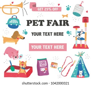 Doodle drawing pet fair poster template, text surrounded with pet care, supplies, and cute animals on white background, dotted texture flat style, illustration, vector