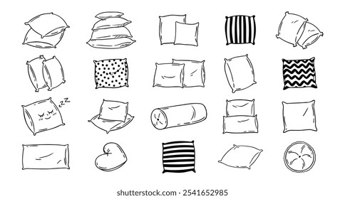 Doodle drawing pillow set. Soft pillow for sleep, outline hand drawn pillows. Rest bedroom decoration. Hand drawn cozy pillows for bed and sofa. Vector illustration