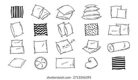Juego de almohadas de dibujo Doodle. Almohada suave para dormir, contorno de almohadas dibujadas a mano. Decoración del dormitorio de descanso. Almohadas acogedoras dibujadas a mano para la cama y el sofá. Ilustración vectorial