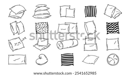 Doodle drawing pillow set. Soft pillow for sleep, outline hand drawn pillows. Rest bedroom decoration. Hand drawn cozy pillows for bed and sofa. Vector illustration