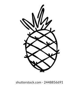 Doodle drawing of pineapple isolated on white background, drawn by pen. Thumbnail for coloring the booking page. Vector illustration of vega fruit