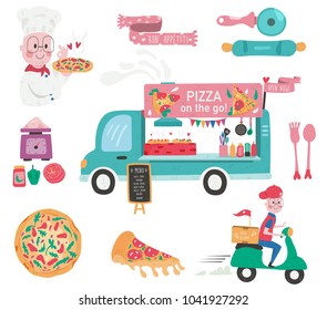 Doodle drawing pizza food truck at market with chef, ingredients, delivery, menu, and utensils, dotted texture flat style, all isolated on white background, illustration, vector