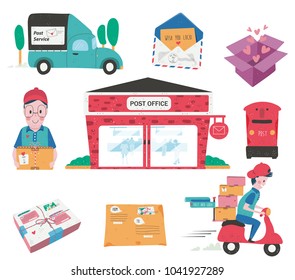 Doodle drawing post office building with postman, postbox, delivery service, letter, parcel set, dotted texture flat style, all isolated on white background, illustration, vector