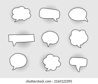 Doodle drawing retro speech bubbles collection with halftone shadows