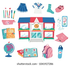 Doodle  drawing school building with school supplies set, back to school, dotted texture flat style , all isolated on white background, illustration, vector