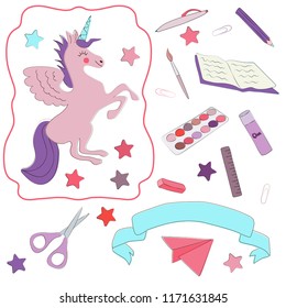 Doodle drawing school supplies set, back to school, all isolated on white background, illustration, vector