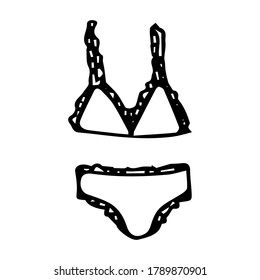 Dibujo de dibujos de caracoles, círculo de trajes de baño separados, sujetador y calzoncillos, línea negra sobre fondo blanco aislado, tema de verano, ilustración vectorial de material para el diseño y la decoración