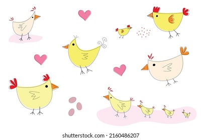 Doodle drawing set, chicken doodle. Simple vector illustration of chicken with lines. Set of cute hens and chicks