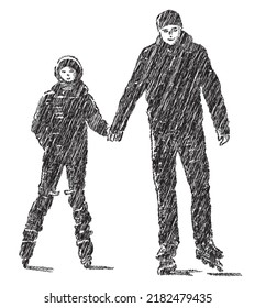 Doodle drawing of silhouette parent and child skating on rollers