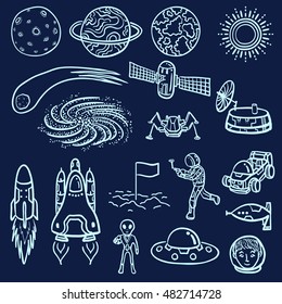 doodle drawing space and planet icon