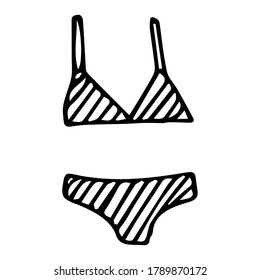 Doodle drawing split striped swimsuit, bra and briefs, black line on white isolated background, summer theme, stock vector illustration for design and decor
