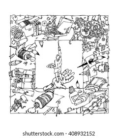 Doodle drawing of square shape with the image of art materials, brushes, paints. Invented  graphics drawn with a hand.