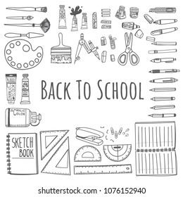 Doodle drawing a lot of stationary with school supplies on white background,School concept design vector illustration. Draw doodle cartoon style.