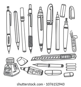 Doodle drawing a lot of stationary with school supplies on white background,School concept design vector illustration. Draw doodle cartoon style.