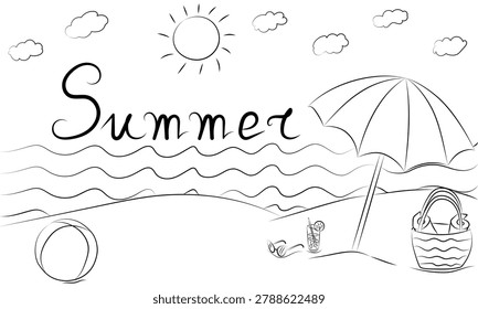 Doodle drawing of a sunny summer day. Seaside vacation, sand, umbrella, cocktail. White background. Suitable for invitations, cards, posters, flyers, desktop backgrounds, web page designs, and covers. Vector illustration.