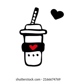 Doodle Drawing Takeaway Hot Drink Mug With Heart Symbol Red Black