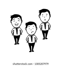 Doodle drawing of three men, office worker, different emotions, smile, fright, displeasure.