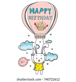 Doodle drawing vector of cute bunny floating on the air by balloon with Happy Birthday word