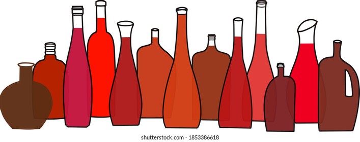 Doodle drawing vector illustration of colourful  beverage bottles lined up in a row. Typography for a poster, banner or restaurant.