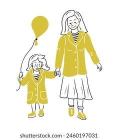 Doodle drawing of walking mother her daughter with balloon and same clothes. Contour hand drawn flat drawing isolated on white background. Vector brining up concept for logo or sticker