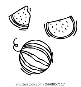 Dibujo de garabato de sandía aislado sobre fondo blanco, dibujado por pluma. Miniatura para colorear la página de reserva. Ilustración vectorial de fruta vega