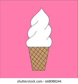 Doodle drawing of white vanilla ice cream in cornet. Soft serve ice cream vector illustration isolated on pink background.