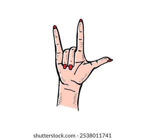 Doodle drawing of a woman hand gesture in metal on a white background.