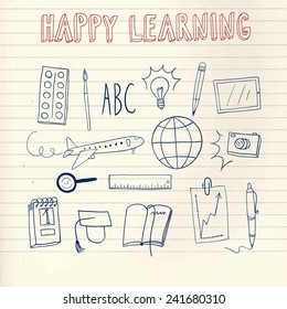 Doodle drawings about education and learning on paper background including  plane; ruler; pencil; notebook; planet; camera; brush; paint; pen; magnifying glass; schedule; calendar; tablet; light