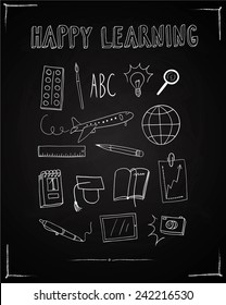 Doodle drawings about education and learning on blackboard background including  plane; ruler; pencil; notebook; planet; camera; brush; paint; pen; magnifying glass; schedule; calendar; tablet; light