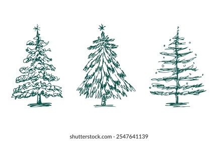 Dibujos de Doodle de árboles de Navidad, Vector, ilustración dibujada a mano aislada en blanco  