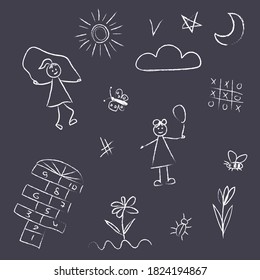 doodle drawings are drawn by child's hand in chalk on asphalt or on a school board. Simple drawings game of classics, noughts and crosses. White lines on black gray background