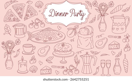 Desenhos de rabiscar de comida italiana e francesa, coquetéis, flores e decoração Dinner Party Doodle Set com Comida, Bebidas e Decoração de Mesa Elementos Desenhados à Mão Vetor Ilustração