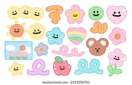 Doodle drawings, kid colouring style of summer elements, picnic icons, logo, flowers, nature, garden, tattoo, sticker, rainbow, apple, teddy bear, heart, cartoon character, fabric print,