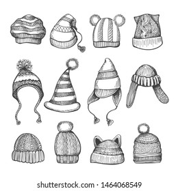 Doodle drawings knitting hats. Knitted caps accessories, vector hand drawn winter woolly warm headwear illustration for children
