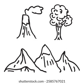 Doodle Drawings of Mountains, Volcano, and Tree in Hand-Drawn Style, Black and White