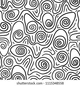 Doodle drawn abstract swirl vector seamless pattern. Black and white