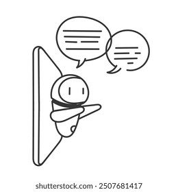 Doodle dibujado chat bot AI concepto ilustración en el teléfono móvil, ordenador portátil o PC