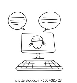 doodle drawn chat bot ai concept illustration on mobile phone, laptop or pc computer