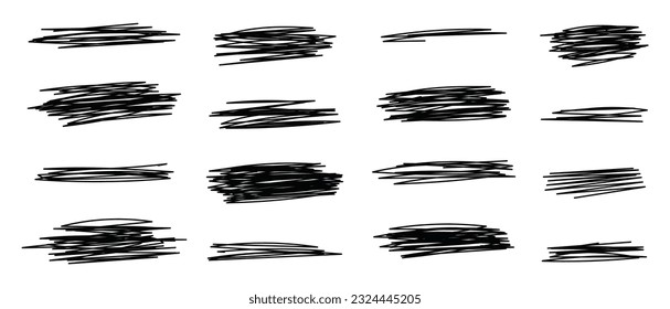 Doodle drawn hatching lines.Crosshatch textures collection. Scribble pencil texture. Vector isolated illustration