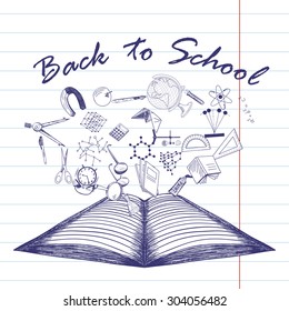 Doodle drawn open notebook with the flying off education symbols and Back to School title.