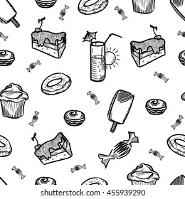 doodle drawn sweets cake ice cream cupcake candy juice summer seamless background black and white vector