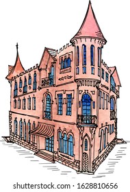 Doodle drawn vintage classic city house with turrets and columns, watercolor and ink lines in vector