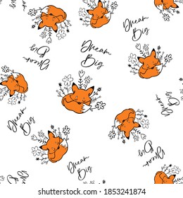 Doodle dream big fox sketch seamless pattern for nursery. Cartoon vector illustration. Cute graphic background. Print for kids. Scandinavian design for little baby room.