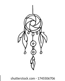 Doodle dream hunters. Vector illustration moon with pendants, sacred amulet. Boho style, yoga, cosmos. Witchcraft attributes. Isolated on white background. Stock vector illustration.