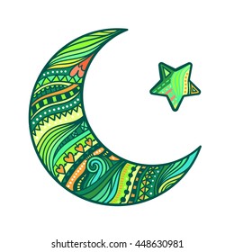 Doodle dream night vector isolated illustration with stars and crescent moon in hand-drawn zentangle style. Islamic muslim ramadan kareem holy symbol.