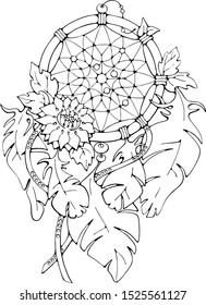 Doodle dreamcatcher with feathers in boho style, mandala vector stock illustration, coloring book page, floral design, celebration, greeting / invitation card print, black outlines on white background