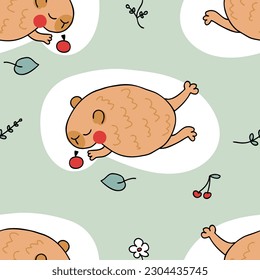 Doodle dreaming capybara seamless pattern in hand drawn style. Perfect print for tee, paper, textile and fabric. Cute vector illustration for decor and design.
