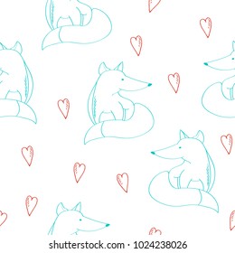 Doodle Dreaming fox seamless vector pattern. Great as nursery or pajama print or cute background for kids.